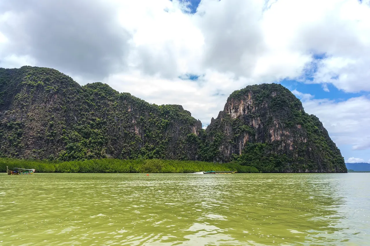 Limestone karsts rising from flat green water in Phang Nga Bay